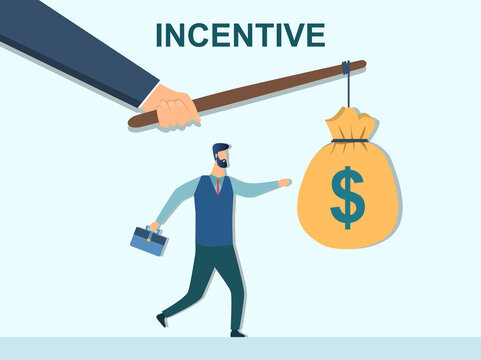 Incentive concept. Business metaphor. Personnel management leadership. Motivate people. Hand holding money bag on stick, businessman running for bait. Flat cartoon vector illustration. Attract earn
