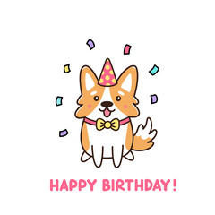Birthday dog of breed Welsh Corgy in hat and confetti. Cartoon vector illustration. It can be used for greeting card, poster, mug and other design.