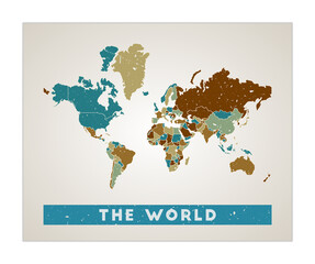 The World map. World poster with regions. Old grunge texture. Shape of The World with world name. Astonishing vector illustration.