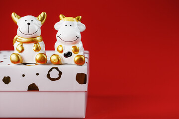 A pair of cow and bull Figures on a gift box on a red background, with free space.