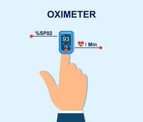 Oximeter on finger. Measurement of pulse and saturation of blood with oxygen. Medical equipment, cardio test. Healthcare concept. Monitoring health. Flat cartoon vector illustration