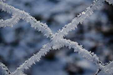 frosty metal mesh closeup, frost