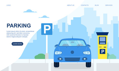 Automobile, car on modern parking lot in city or town. Road sign of parking lot with checkpoint. Website, webpage or landing page template. Cartoon flat vector illustration