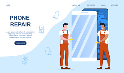 Smartphone repair service concept. Electronics repair service. Phone repair landing, webpage, website, app, application template. Cartoon flat vector illustration