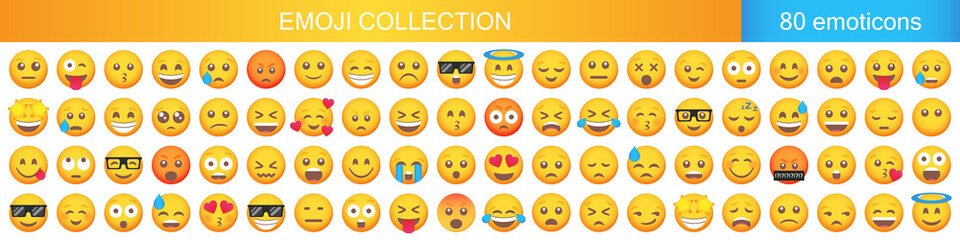 Big set of emoticon smile icons. Cartoon emoji set. Vector emoticon set