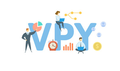 VPY, Versus Prior Year. Concept with keywords, people and icons. Flat vector illustration. Isolated on white background.
