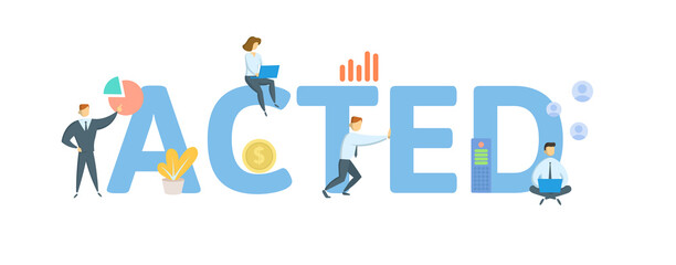 ACTED, d'Aide à la Coopération Technique et au Développement. Concept with keywords, people and icons. Flat vector illustration. Isolated on white background.