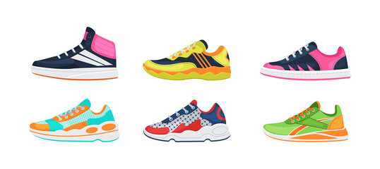 Fitness sneakers shoes set. Comfortable shoes for training, running and walking. Sports shoes of various shapes, training footwear, active sport sneakers cartoon vector