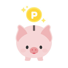 かわいい豚の貯金箱とポイントマークのP入りコイン・白バック：ポイント還元・付与キャンペーン・マイル・お得なショッピングイメージ素材