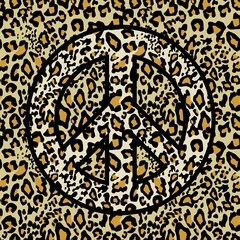Seamless fashionable leopard wallpaper with hippie peace symbol for wrapping paper, t shirt and bag design, textile print