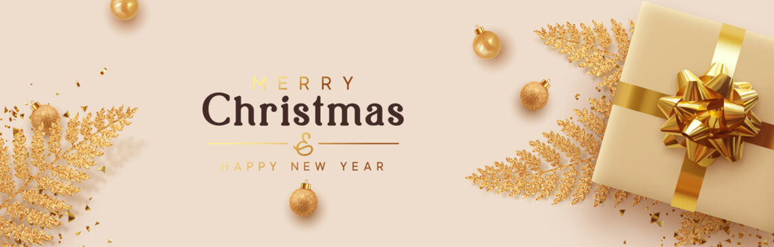Christmas banner. Background Xmas design of realistic blue 3d render gifts box, golden fern branches, glitter gold confetti, bauble ball. Horizontal New year poster, greeting card, headers for website