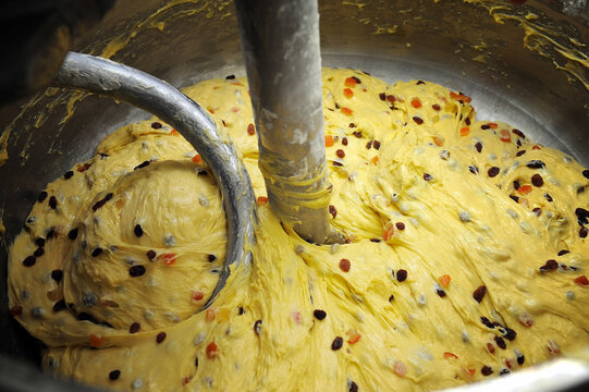 preparation of the typical Italian Christmas Panettone and Colomba cake the dough with the candied fruit is ready