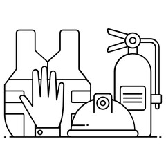 
Vest with heard hate and fire extinguisher denoting rescue equipment icon 
