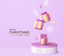 Platform and 3d studio, presentation podium. Background with realistic festive gifts box. Xmas present. Pink boxes fall effect. Holiday gift surprise. Merry Christmas and Happy New Year. Vector Stage