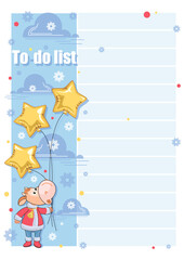 To do list. Santa Claus. Cartoon calf with star shaped balloons. Template design, childrens planning