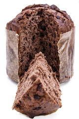 cut chocolate panettone isolated on white background