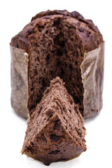 cut chocolate panettone isolated on white background