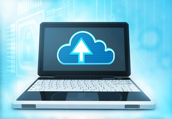 Laptop computer with cloud upload icon. Technology background. 3d illustration.