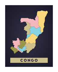 Congo map. Country poster with regions. Shape of Congo with country name. Neat vector illustration.