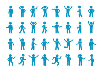 Movement stick man set. Symbol reflection and joyful blue greeting simple poses and active actions abstract people running and slow walking pose of amazement despair with hands. Vector expression.