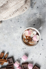 Hot chocolate cup with whipped cream decorated with star anise and marshmallow on concrete background.