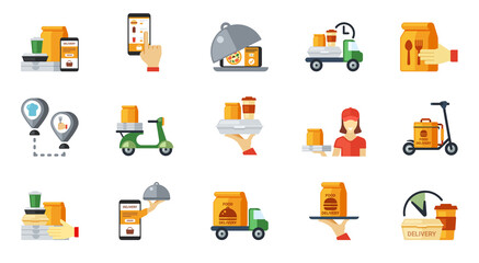 Snacks ordering and delivery icon set. Web route nearest cafe 24 hour restaurant online order from smartphone hand holds package of fast food high speed delivery scooter and car. Tasty vector.