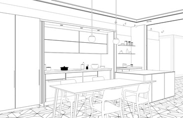 interior contour visualization, 3D illustration, sketch, outline