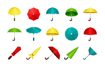 Umbrellas set. Folded and unfolded modern automatic and retro convenient green protection rain and sun yellow meteorological instrument from bad weather domed and flat structure. Vector collection.