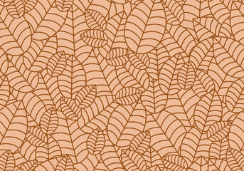 Fototapeta na wymiar Seamless linear leaves pattern. Horizontal plant brown leaf ornament. For labels, packaging or fabric. Chaotically scattered leaves.