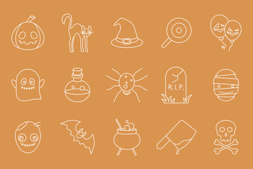 Halloween holiday Icons set - Vector outline symbols of pumpkin, ghost, bat, spider, skull, cat and others for the site or interface