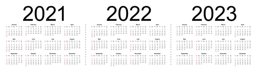 Simple editable vector calendars for year 2021 2022 2023. Week starts from Sunday. Isolated vector illustration on white background.