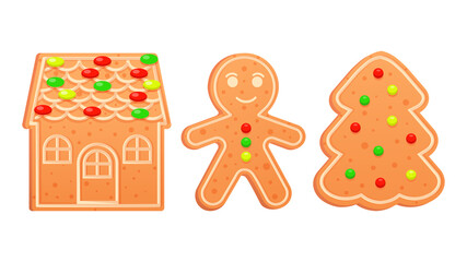 Gingerbread house shaped gingerbread, spruce shaped gingerbread, gingerbread man decorated with icing and candies