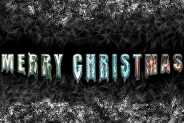 Merry Christmas glowing letters on black background covered with snow.