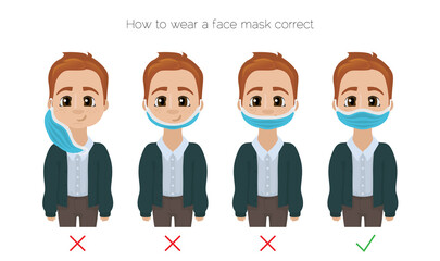 Fototapeta premium How to wear a face mask correct. Boy presenting the correct method of wearing a face mask. The wright and wrong way to wear a mask.