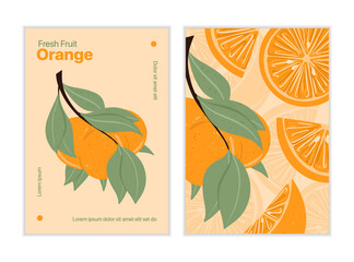 Fresh textured orange fruits on branch with leaves vector hand drawn card design.