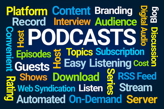 Podcasts Word Cloud on Blue Background