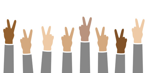 raised hands in different skin colors peace concept isolated on white vector illustration EPS10