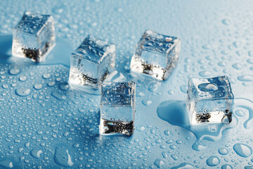 Blocks of Ice With water Drops close-up. Macro ice refreshing cube for a drink on a hot day