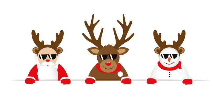 funny christmas cartoon with cute reindeer santa claus and snowman with sunglasses and antler vector illustration EPS10