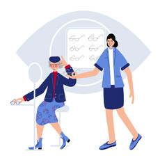 Eyesigh check up and glasses pick up. In the optical store doctor ophthalmologist suggests modern glasses for old lady. Happy seniora try on new glasses.