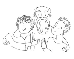 Biblical vector black and white illustration with a father and his two sons. A loving father is numb. Old man. The parable of the prodigal son. Hand drawn line drawing for kids Bible Sunday school.