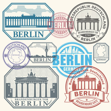 Stamps set with Brandenburg gate and the words Berlin, Republic of Germany