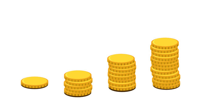 Gold coins stack. Four stacks in different height . Transparent background