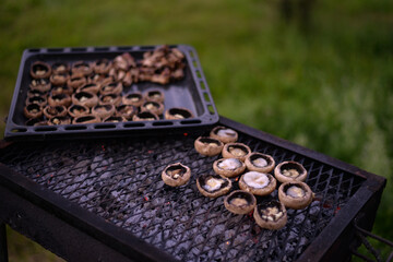grilled mushrooms stuffed with cheese. a tray full of vegetables