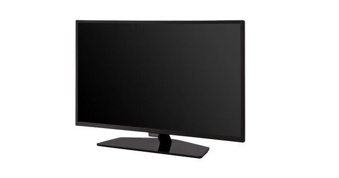 Zoom in of black tv monitor, angle view, white background, studio shot