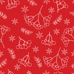 Winter seamless pattern. Rowan and snowflakes on the red background.