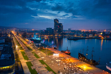 Amazing scenery of Kosciuszko Square in Gdynia by the Baltic Sea at dusk. Poland