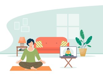 Relaxed woman with closed eyes practices yoga. Calm female in lotus position watching online classes meditation on laptop. Female character practicing yoga at home online. Cute vector illustration.