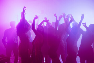 Obraz na płótnie Canvas Photo of people pretty flirty girls dance raise hands party event wear stylish outfit glossy dress modern club indoors