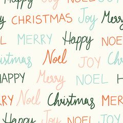 Handwritten Christmas text pattern in red, green, blue, and pink on white background. Seamless vector pattern. Great for home décor, fabric, wallpaper, gift-wrap, stationery, and packaging projects.